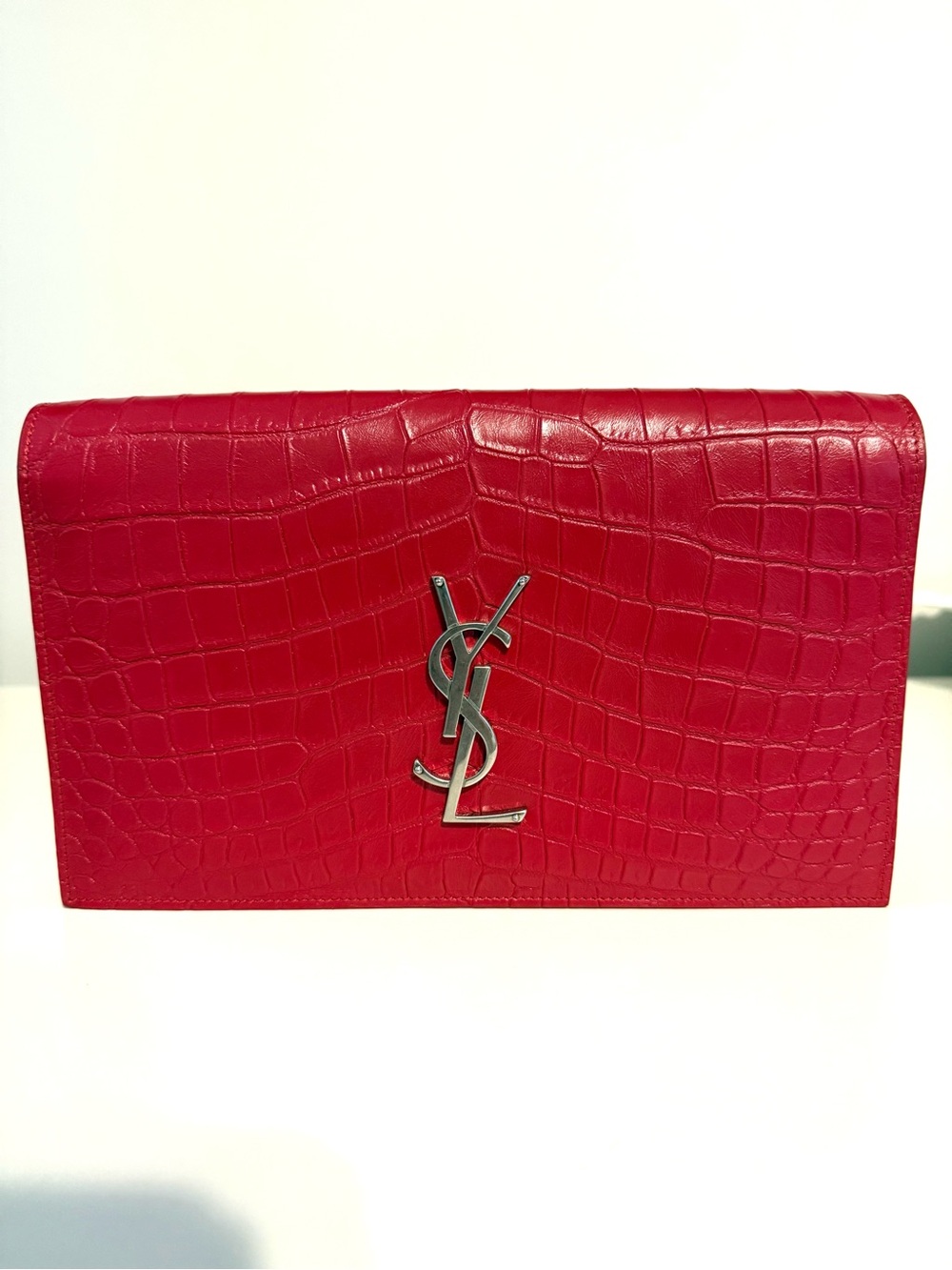 Saint Laurent Red Croc-Embossed Leather Envelope Clutch with Silver YSL